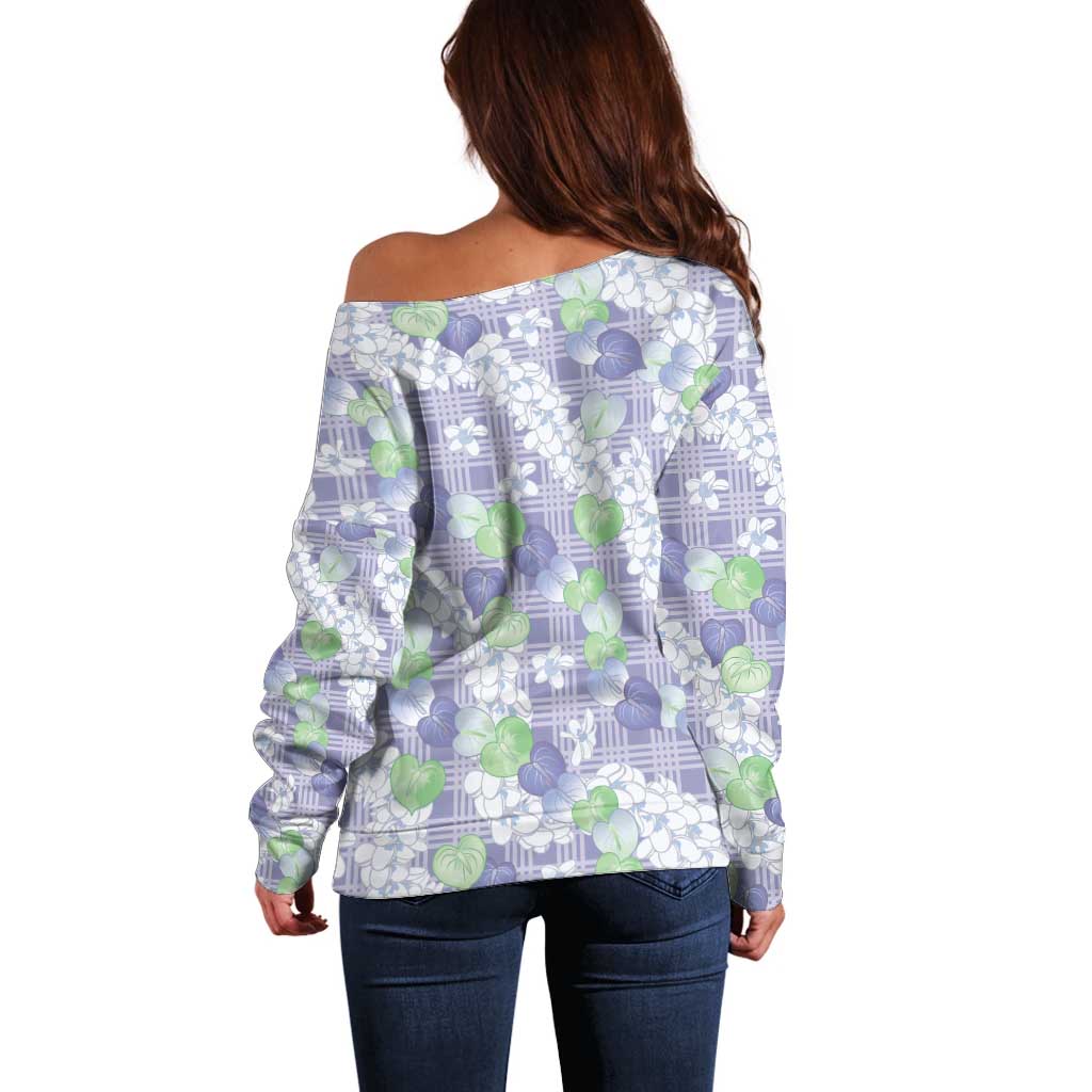 Anthurium Plumeria Lei Pastel Off Shoulder Sweater Purple Hawaiian Splendid Palaka LT01 - Polynesian Pride