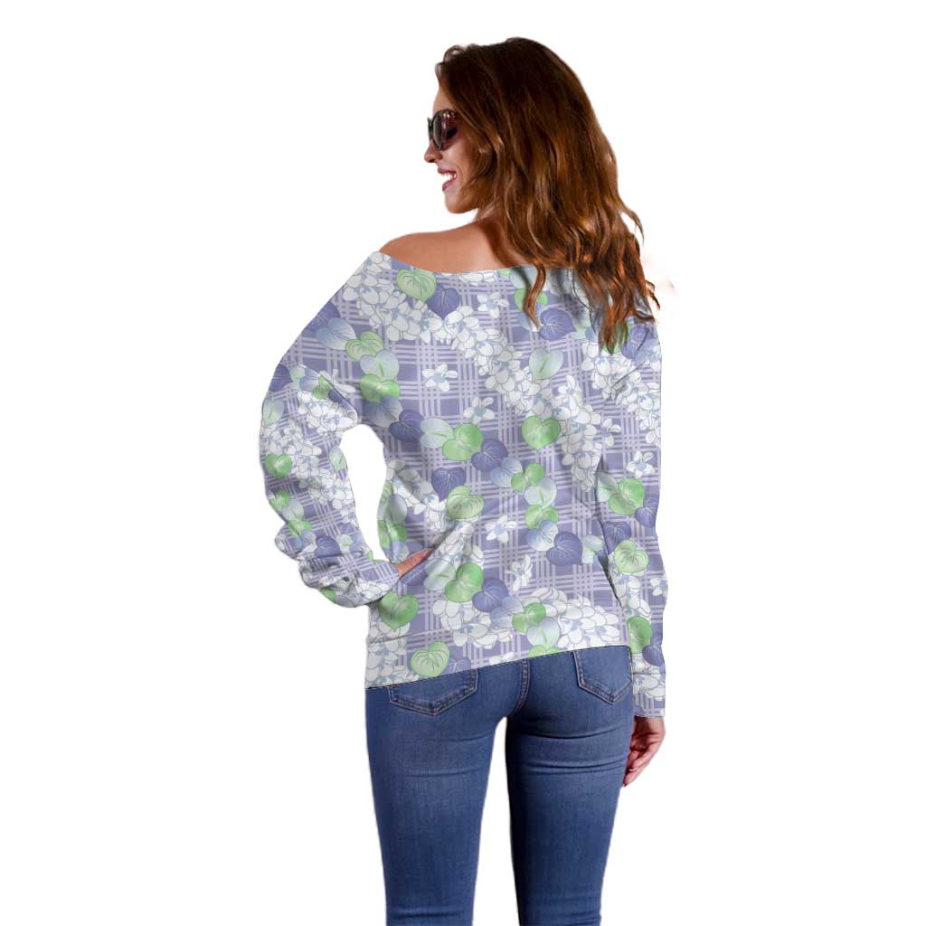 Anthurium Plumeria Lei Pastel Off Shoulder Sweater Purple Hawaiian Splendid Palaka LT01 - Polynesian Pride