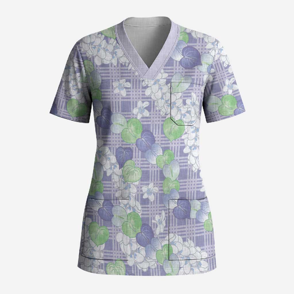 Anthurium Plumeria Lei Pastel Scrub Top Purple Hawaiian Splendid Palaka