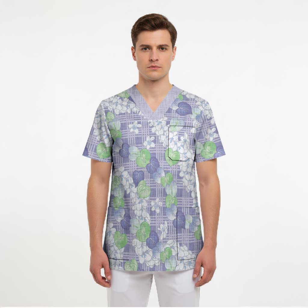 Anthurium Plumeria Lei Pastel Scrub Top Purple Hawaiian Splendid Palaka LT01 - Polynesian Pride