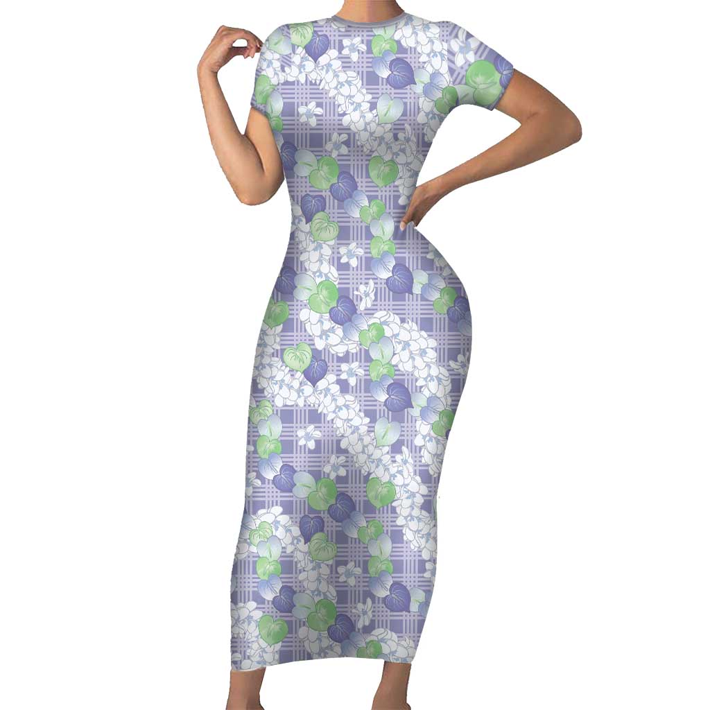 Anthurium Plumeria Lei Pastel Short Sleeve Bodycon Dress Purple Hawaiian Splendid Palaka LT01 Long Dress Purple - Polynesian Pride
