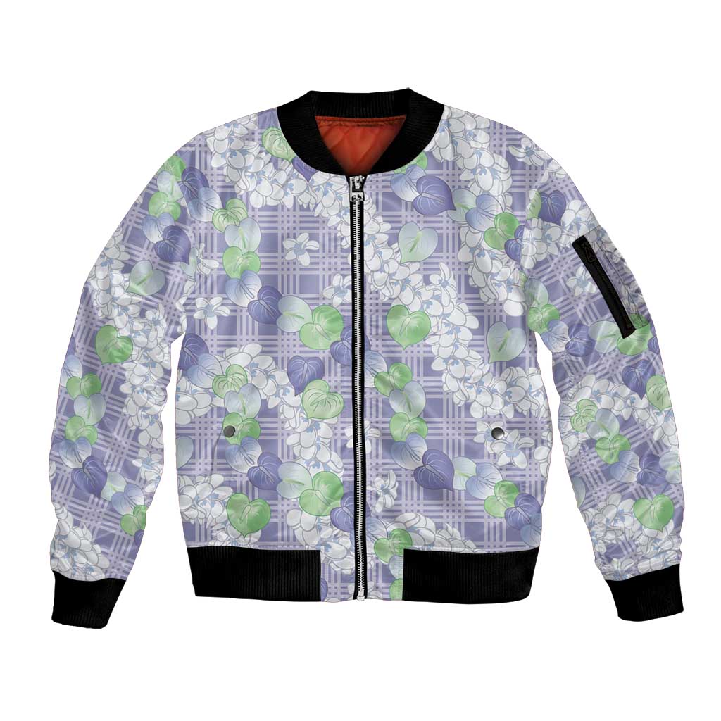 Anthurium Plumeria Lei Pastel Sleeve Zip Bomber Jacket Purple Hawaiian Splendid Palaka LT01 Unisex Purple - Polynesian Pride
