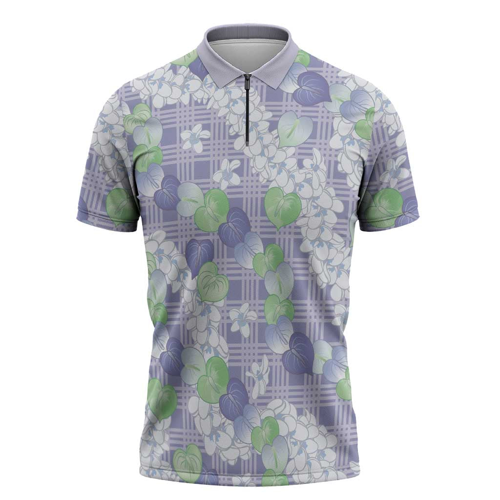 Anthurium Plumeria Lei Pastel Zipper Polo Shirt Purple Hawaiian Splendid Palaka LT01 Purple - Polynesian Pride