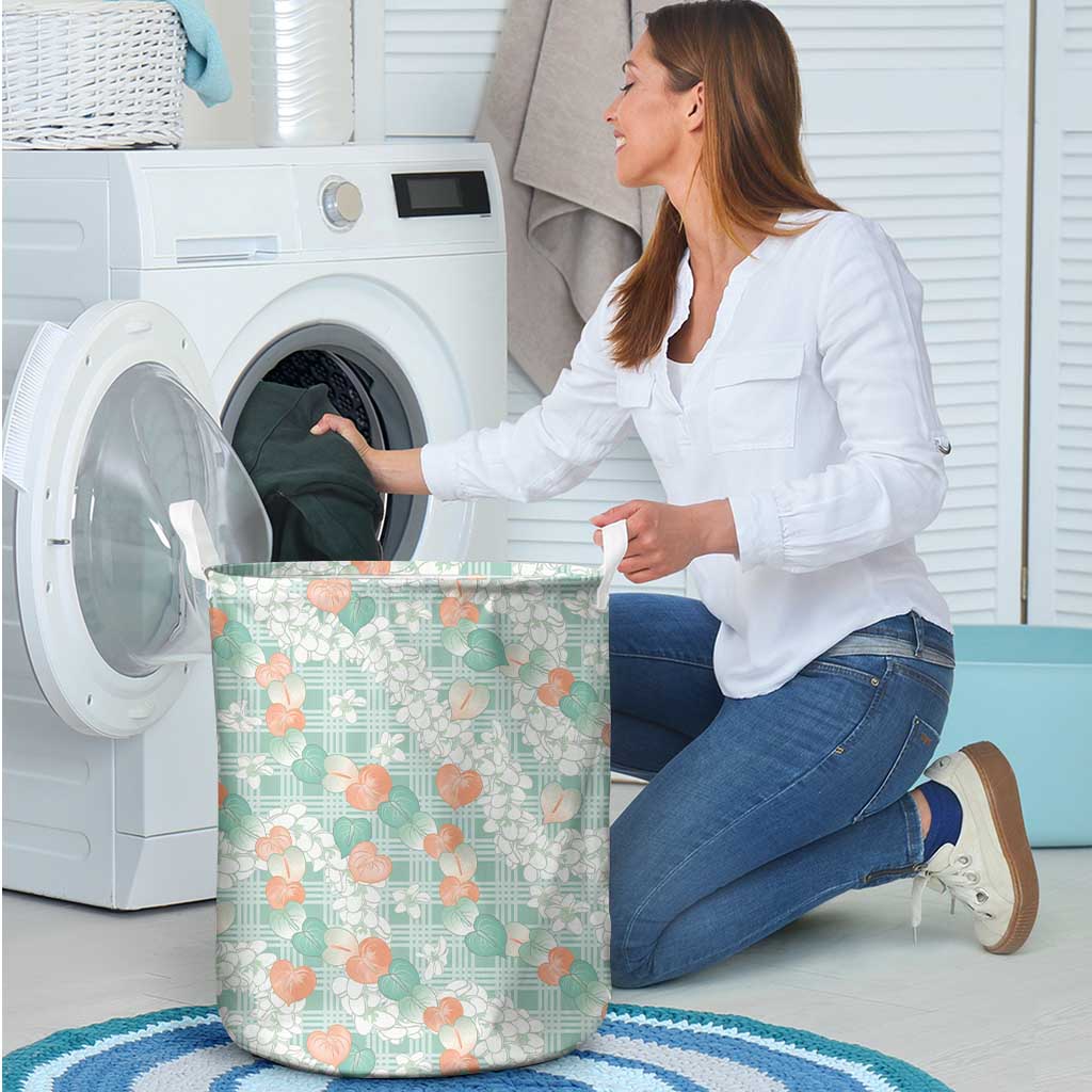 Anthurium Plumeria Lei Pastel Laundry Basket Teal Hawaiian Splendid Palaka LT01 - Polynesian Pride