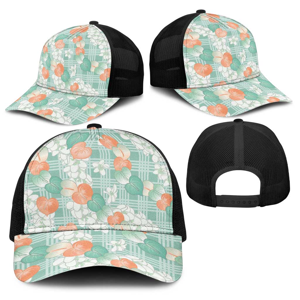 Anthurium Plumeria Lei Pastel Baseball Net Cap Teal Hawaiian Splendid Palaka LT01 - Polynesian Pride