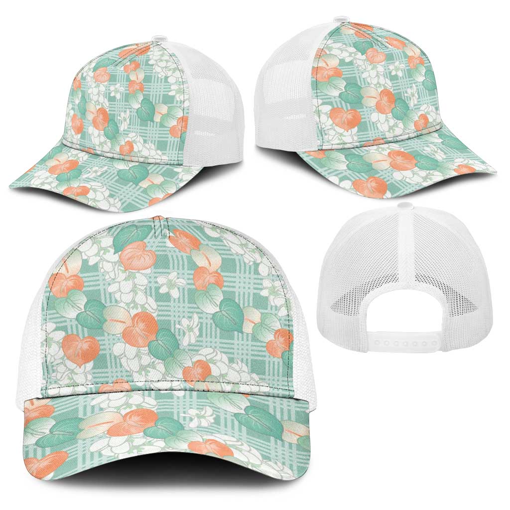 Anthurium Plumeria Lei Pastel Baseball Net Cap Teal Hawaiian Splendid Palaka LT01 - Polynesian Pride