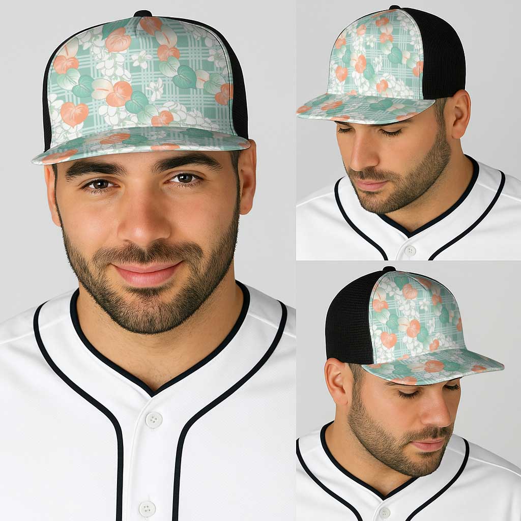 Anthurium Plumeria Lei Pastel Baseball Net Cap Teal Hawaiian Splendid Palaka LT01 - Polynesian Pride