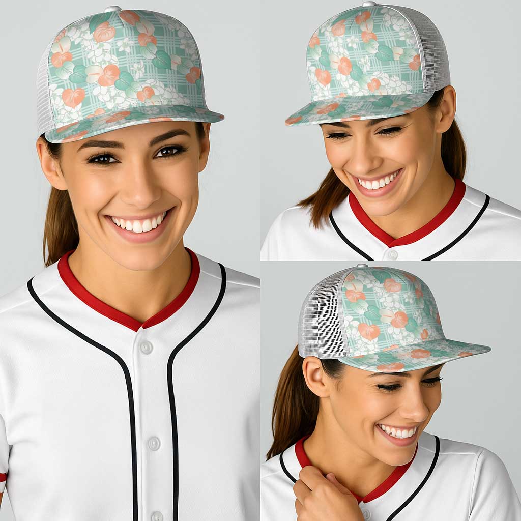 Anthurium Plumeria Lei Pastel Baseball Net Cap Teal Hawaiian Splendid Palaka LT01 - Polynesian Pride