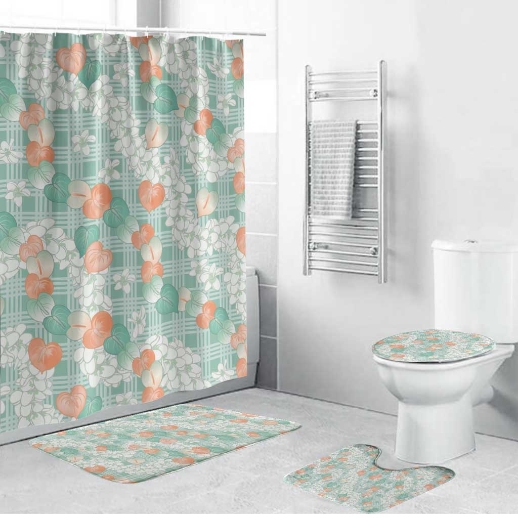 Anthurium Plumeria Lei Pastel Bathroom Set Teal Hawaiian Splendid Palaka LT01 Bathroom Set (4 pcs) Teal - Polynesian Pride