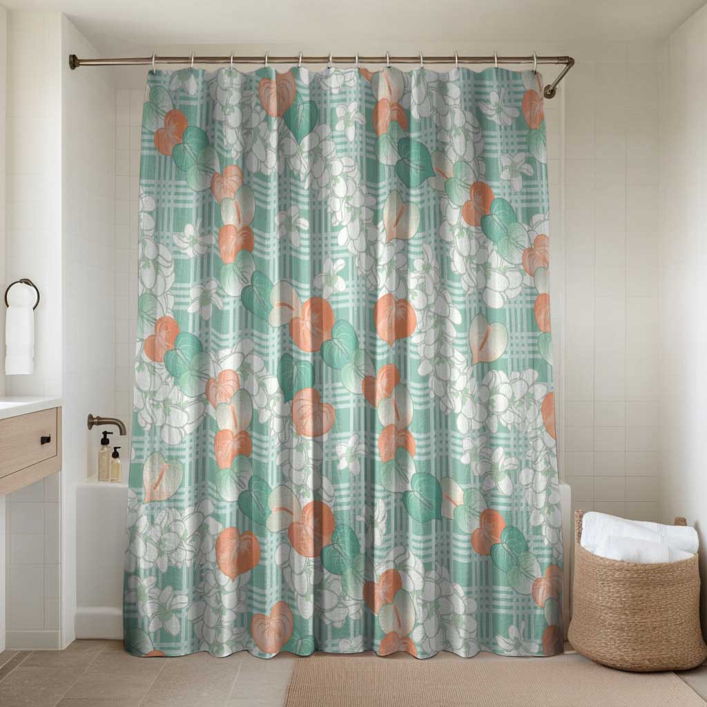 Anthurium Plumeria Lei Pastel Bathroom Set Teal Hawaiian Splendid Palaka LT01 Shower Curtain Only Teal - Polynesian Pride
