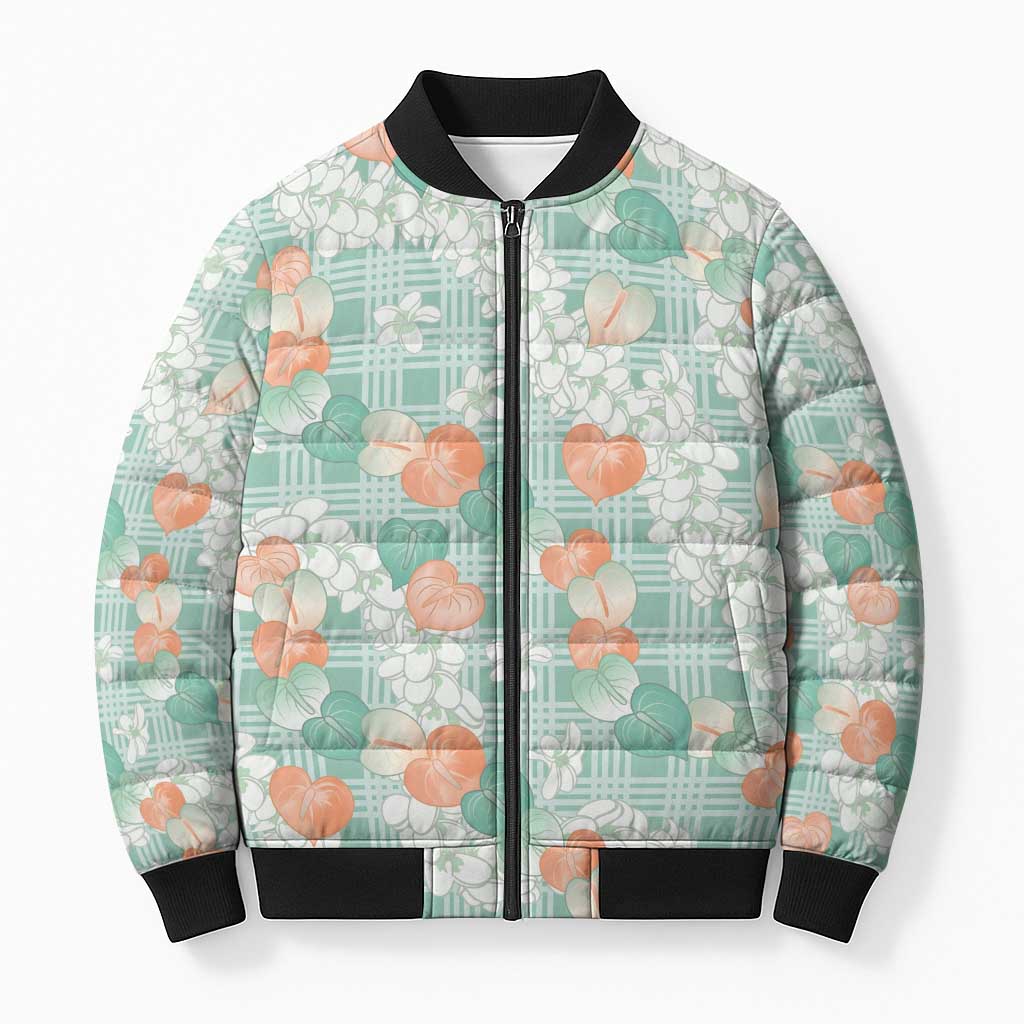 Anthurium Plumeria Lei Pastel Bomber Puffer Jacket Teal Hawaiian Splendid Palaka