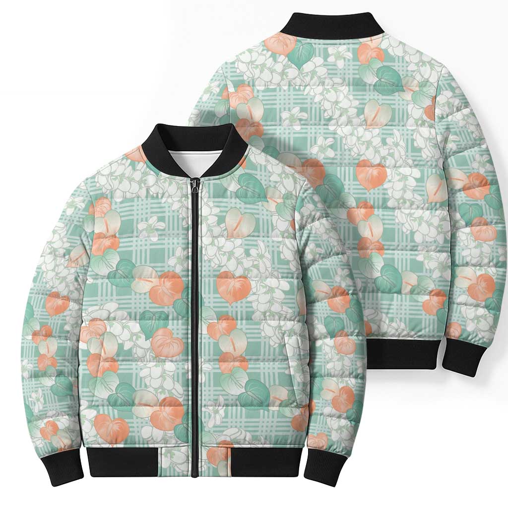 Anthurium Plumeria Lei Pastel Bomber Puffer Jacket Teal Hawaiian Splendid Palaka