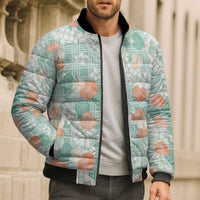 Anthurium Plumeria Lei Pastel Bomber Puffer Jacket Teal Hawaiian Splendid Palaka