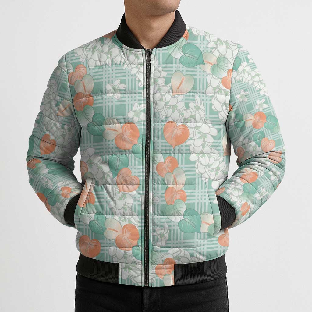 Anthurium Plumeria Lei Pastel Bomber Puffer Jacket Teal Hawaiian Splendid Palaka