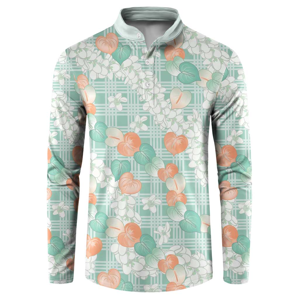 Anthurium Plumeria Lei Pastel Button Sweatshirt Teal Hawaiian Splendid Palaka LT01 Teal - Polynesian Pride