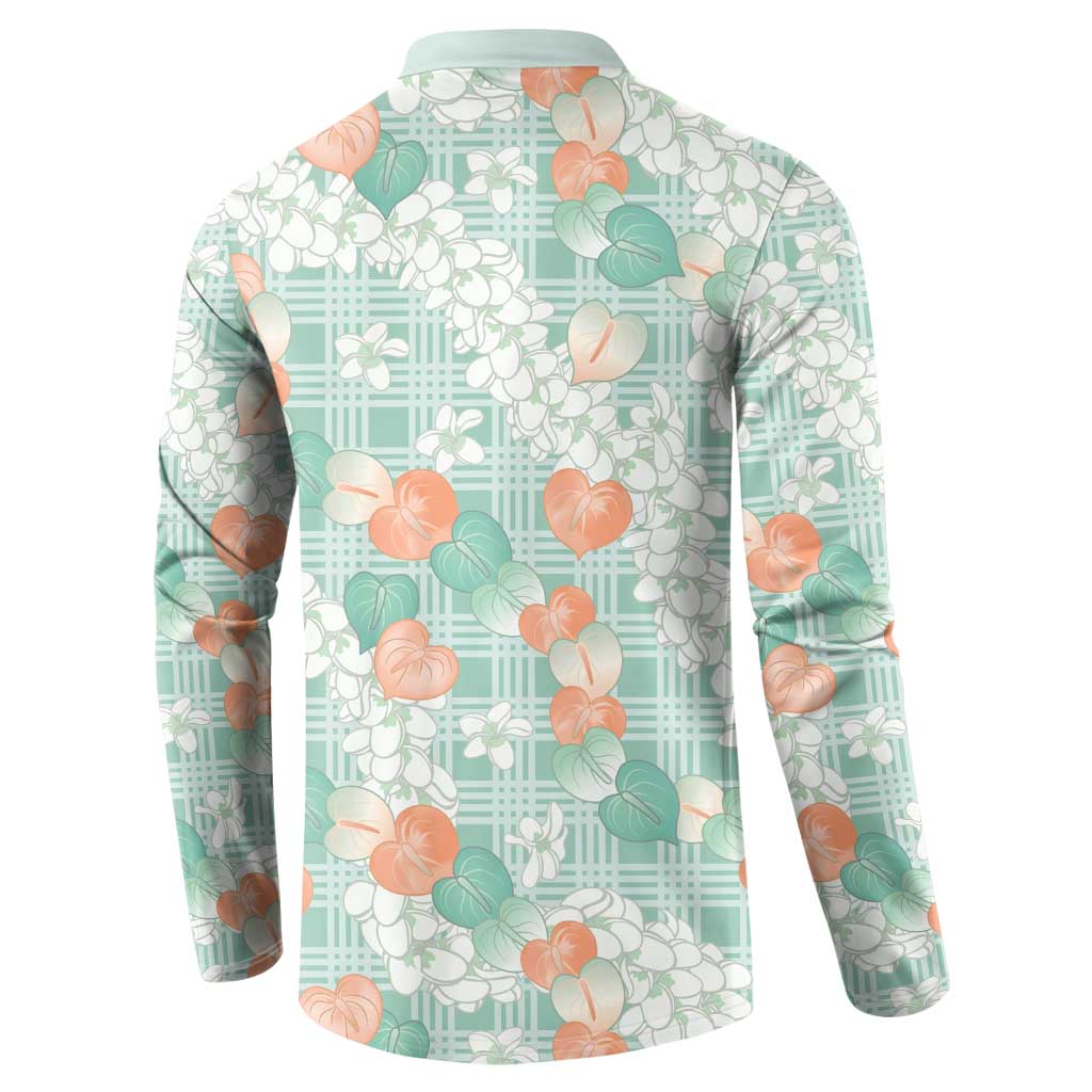 Anthurium Plumeria Lei Pastel Button Sweatshirt Teal Hawaiian Splendid Palaka LT01 - Polynesian Pride