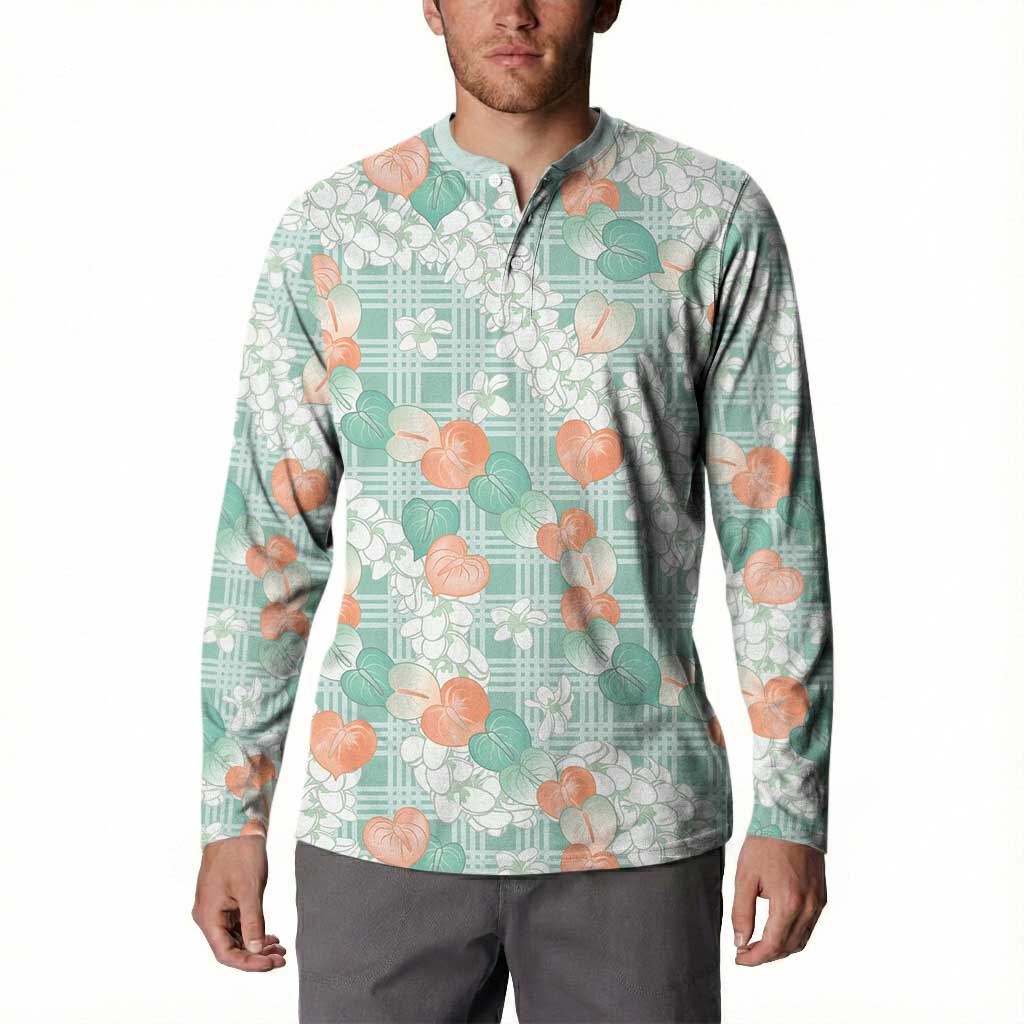 Anthurium Plumeria Lei Pastel Button Sweatshirt Teal Hawaiian Splendid Palaka LT01 - Polynesian Pride