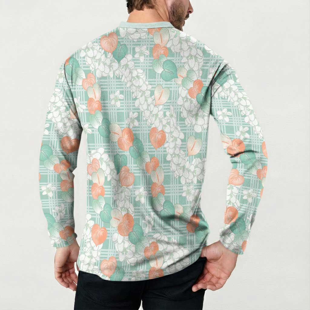 Anthurium Plumeria Lei Pastel Button Sweatshirt Teal Hawaiian Splendid Palaka LT01 - Polynesian Pride