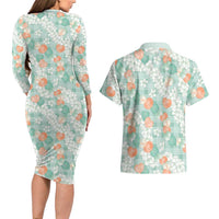 Anthurium Plumeria Lei Pastel Couples Matching Long Sleeve Bodycon Dress and Hawaiian Shirt Teal Hawaiian Splendid Palaka