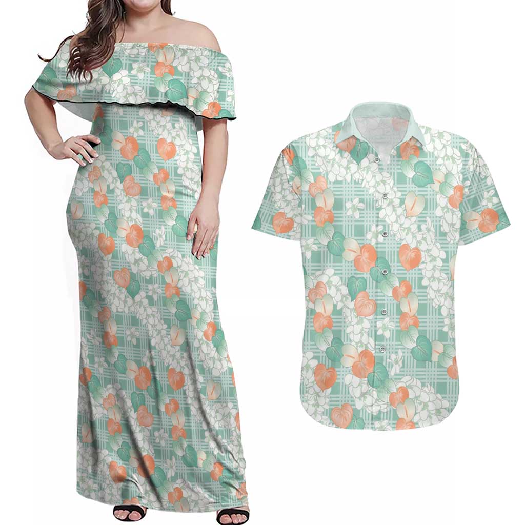 Anthurium Plumeria Lei Pastel Couples Matching Off Shoulder Maxi Dress and Hawaiian Shirt Teal Hawaiian Splendid Palaka