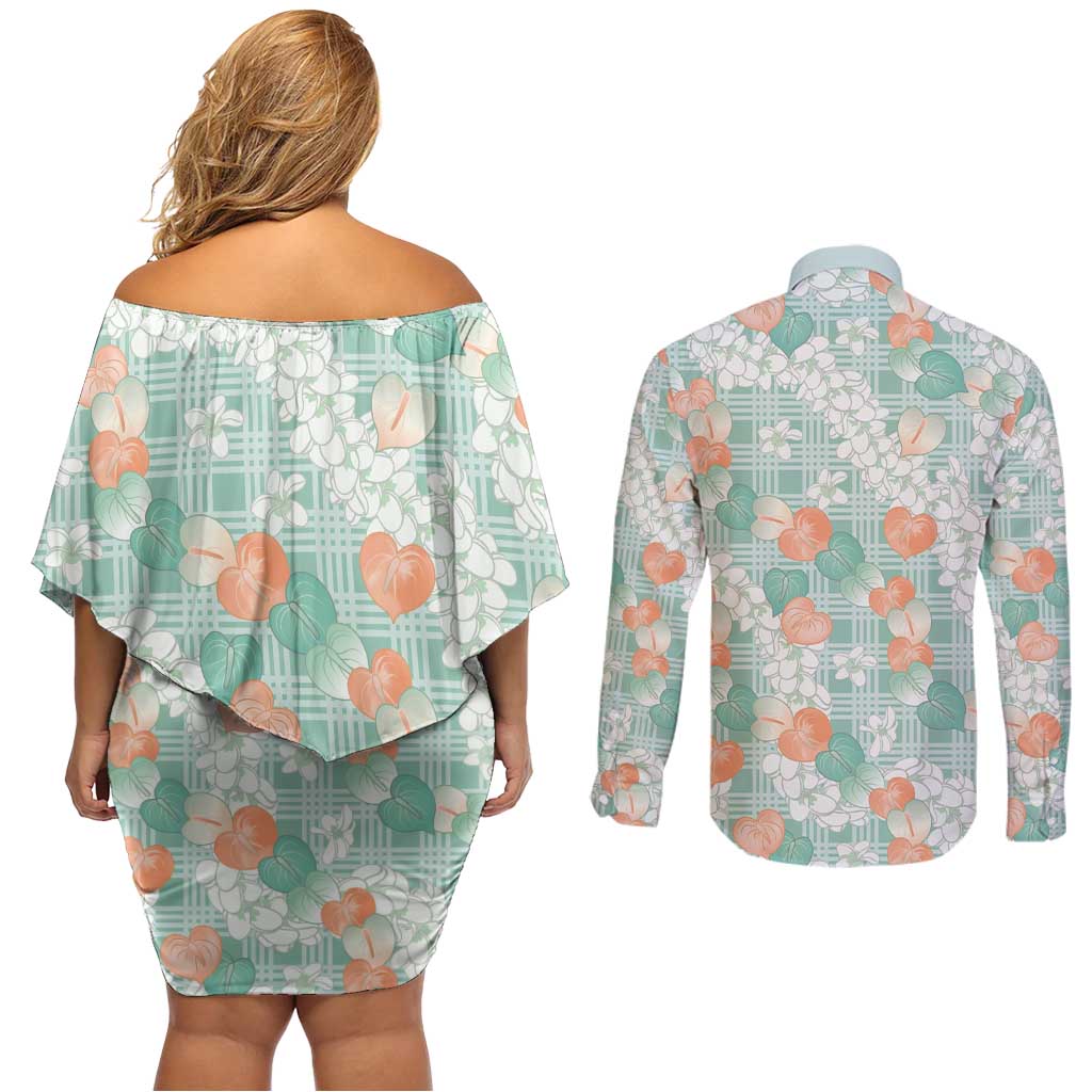 Anthurium Plumeria Lei Pastel Couples Matching Off Shoulder Short Dress and Long Sleeve Button Shirt Teal Hawaiian Splendid Palaka LT01 - Polynesian Pride