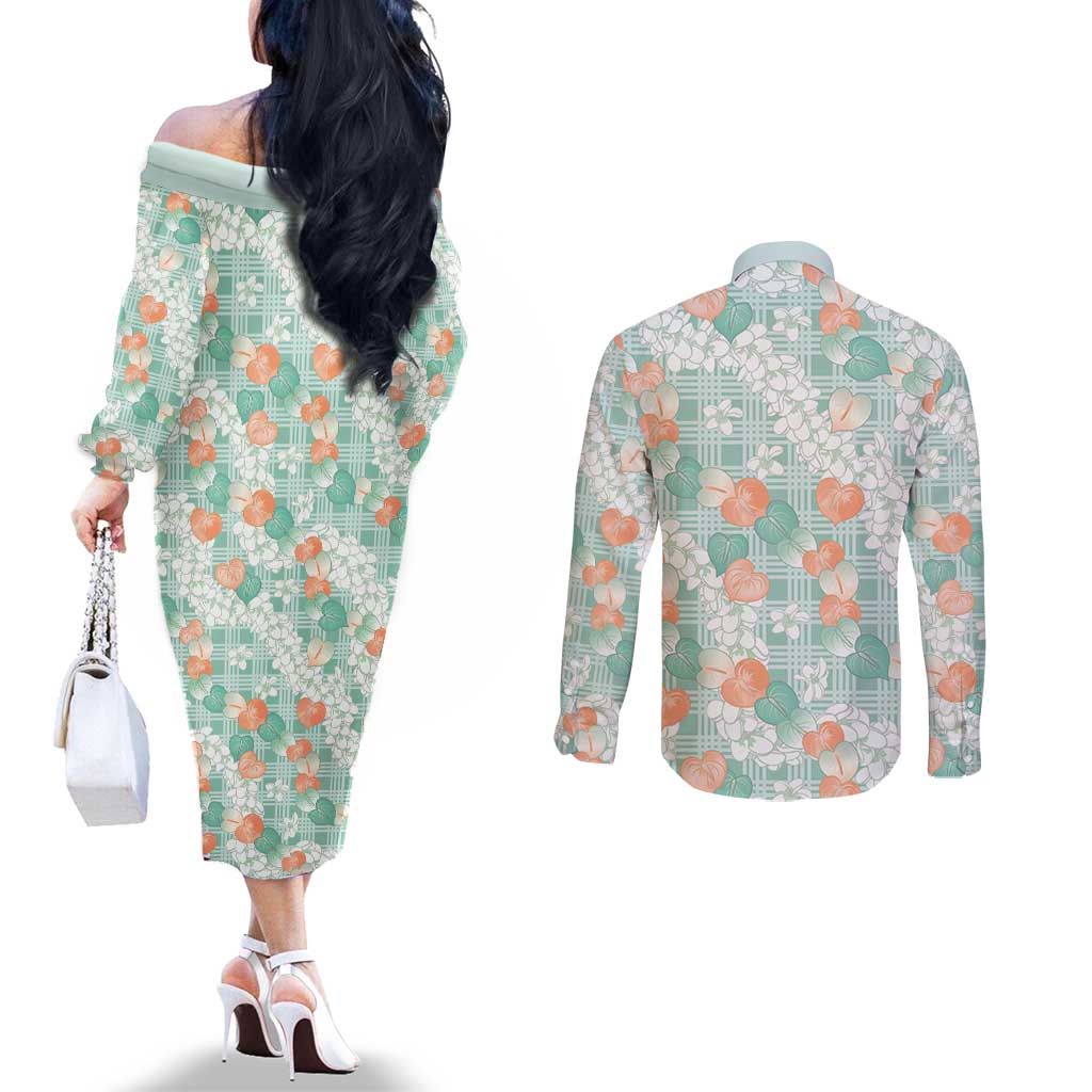 Anthurium Plumeria Lei Pastel Couples Matching Off The Shoulder Long Sleeve Dress and Long Sleeve Button Shirt Teal Hawaiian Splendid Palaka