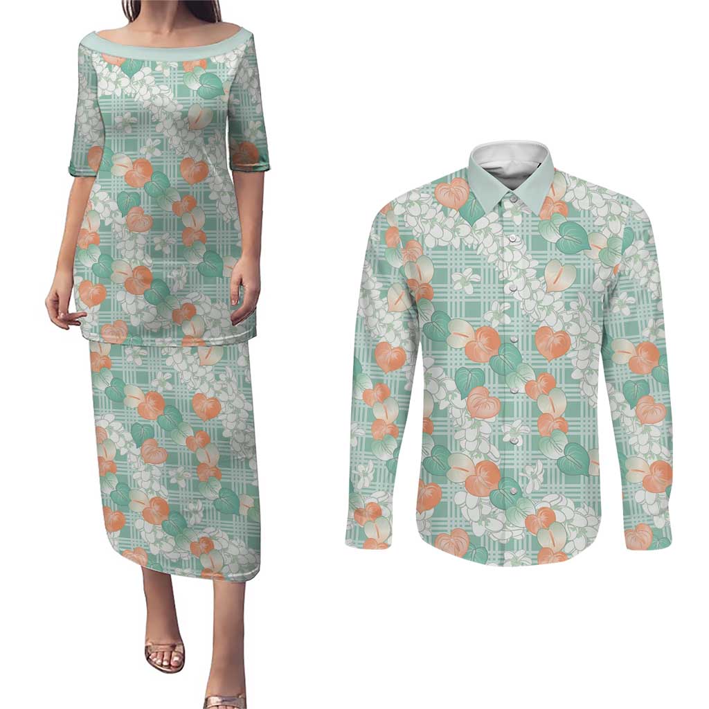 Anthurium Plumeria Lei Pastel Couples Matching Puletasi and Long Sleeve Button Shirt Teal Hawaiian Splendid Palaka