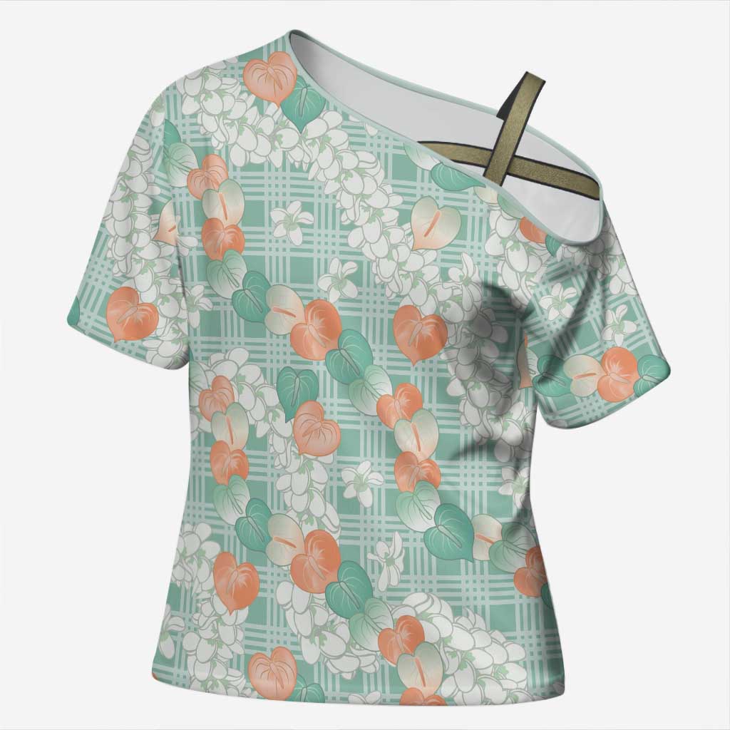 Anthurium Plumeria Lei Pastel Cross Shoulder Shirt Teal Hawaiian Splendid Palaka LT01 Female Teal - Polynesian Pride