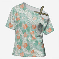 Anthurium Plumeria Lei Pastel Cross Shoulder Shirt Teal Hawaiian Splendid Palaka LT01 Female Teal - Polynesian Pride