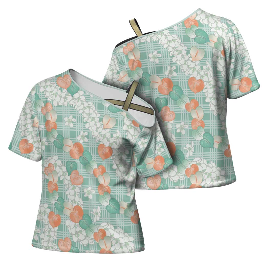 Anthurium Plumeria Lei Pastel Cross Shoulder Shirt Teal Hawaiian Splendid Palaka LT01 - Polynesian Pride