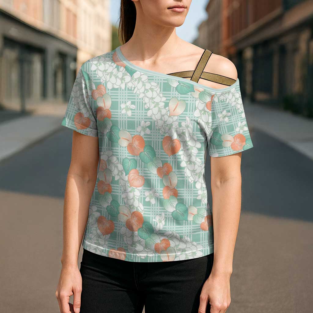 Anthurium Plumeria Lei Pastel Cross Shoulder Shirt Teal Hawaiian Splendid Palaka LT01 - Polynesian Pride