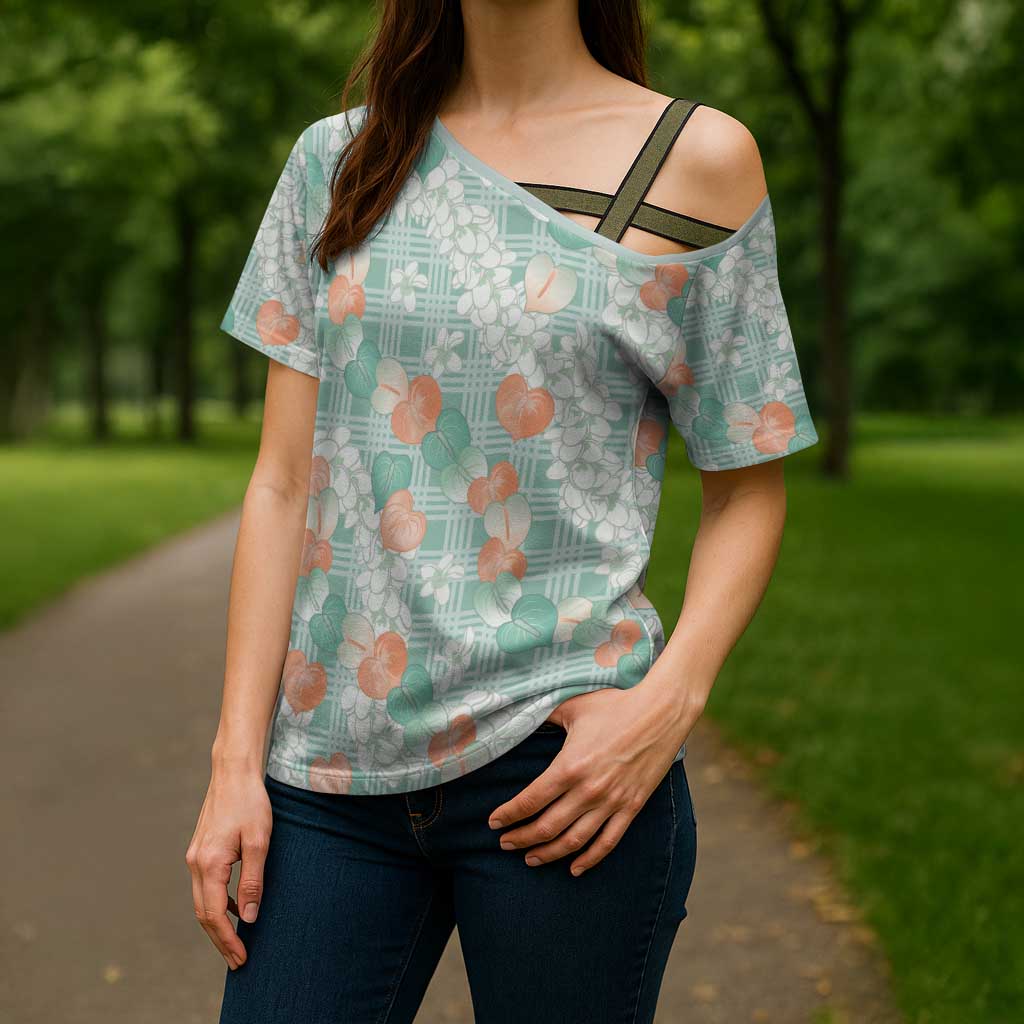 Anthurium Plumeria Lei Pastel Cross Shoulder Shirt Teal Hawaiian Splendid Palaka LT01 - Polynesian Pride