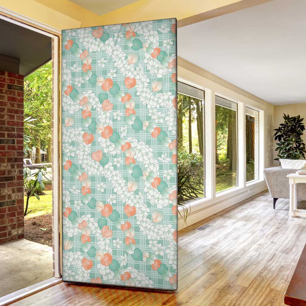 Anthurium Plumeria Lei Pastel Door Cover Teal Hawaiian Splendid Palaka LT01 - Polynesian Pride