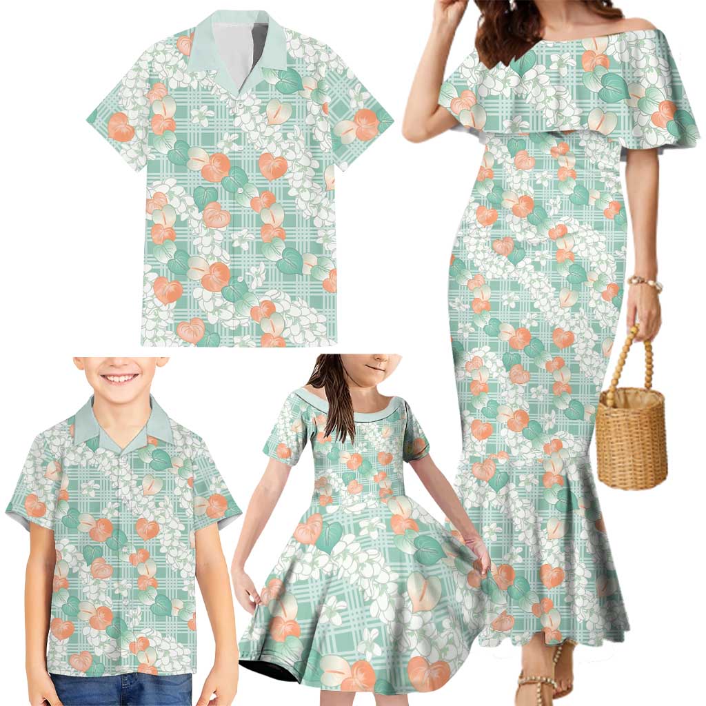 Anthurium Plumeria Lei Pastel Family Matching Mermaid Dress and Hawaiian Shirt Teal Hawaiian Splendid Palaka