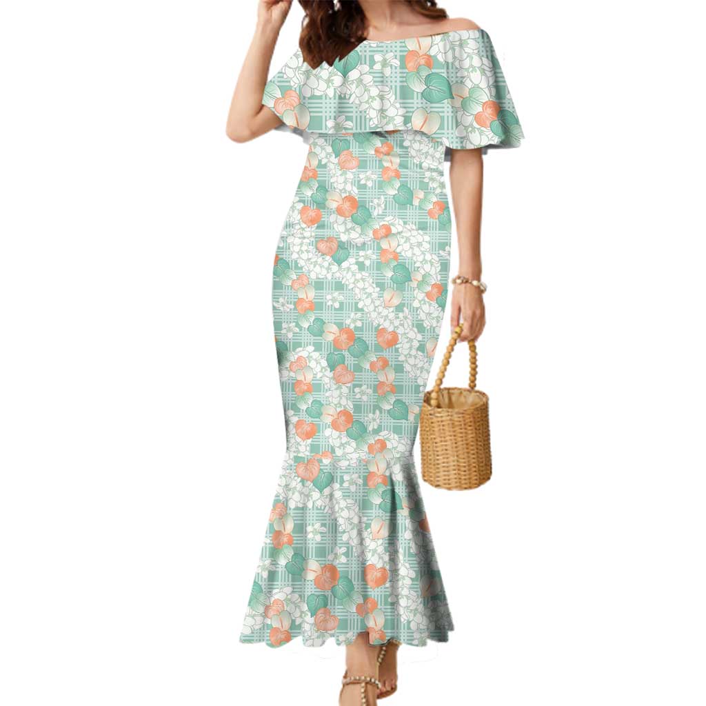 Anthurium Plumeria Lei Pastel Family Matching Mermaid Dress and Hawaiian Shirt Teal Hawaiian Splendid Palaka