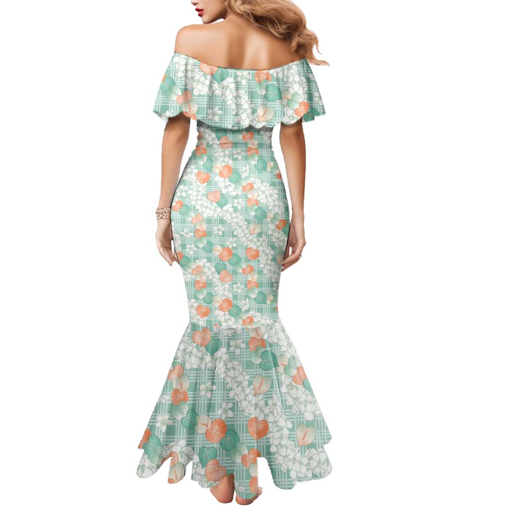 Anthurium Plumeria Lei Pastel Family Matching Mermaid Dress and Hawaiian Shirt Teal Hawaiian Splendid Palaka