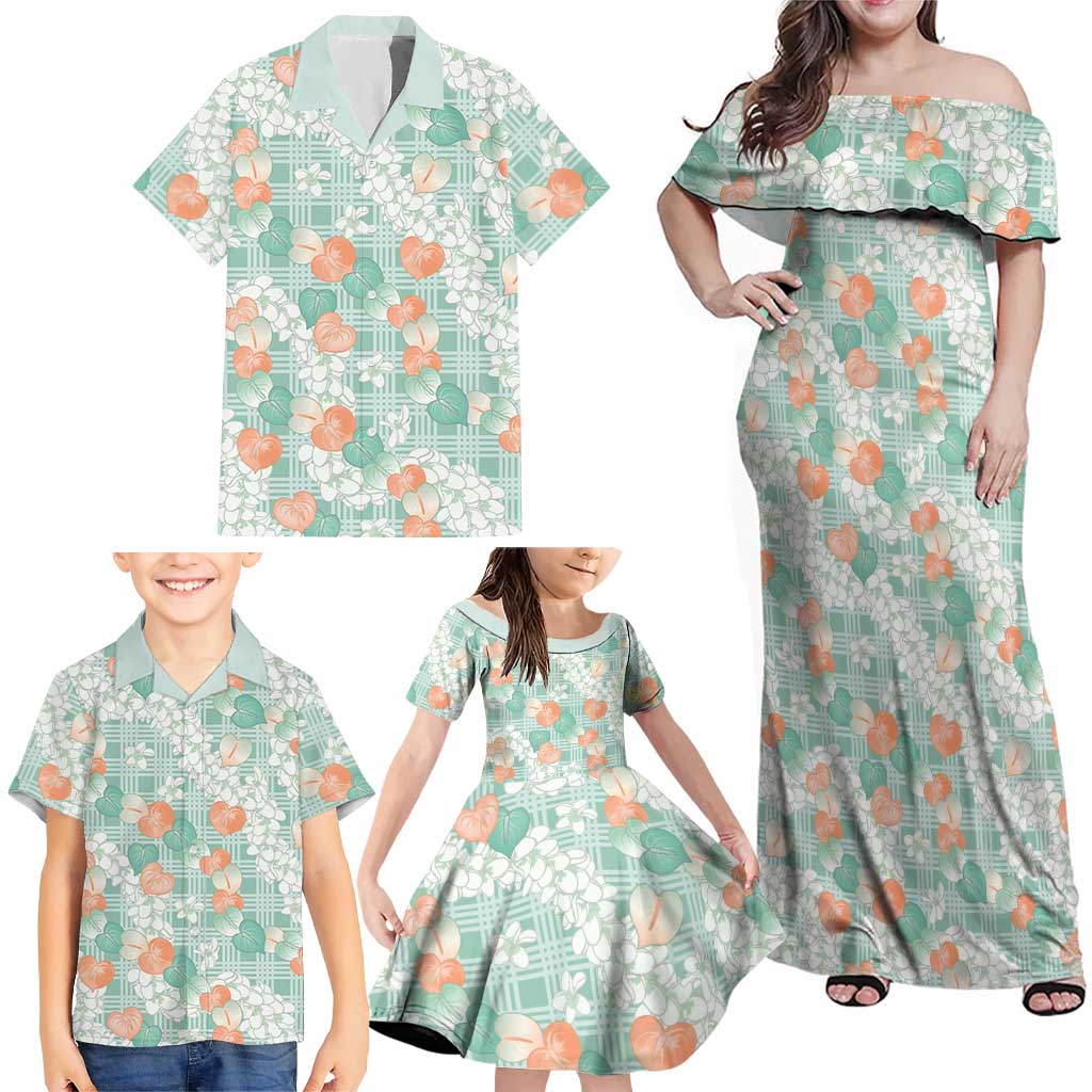 Anthurium Plumeria Lei Pastel Family Matching Off Shoulder Maxi Dress and Hawaiian Shirt Teal Hawaiian Splendid Palaka