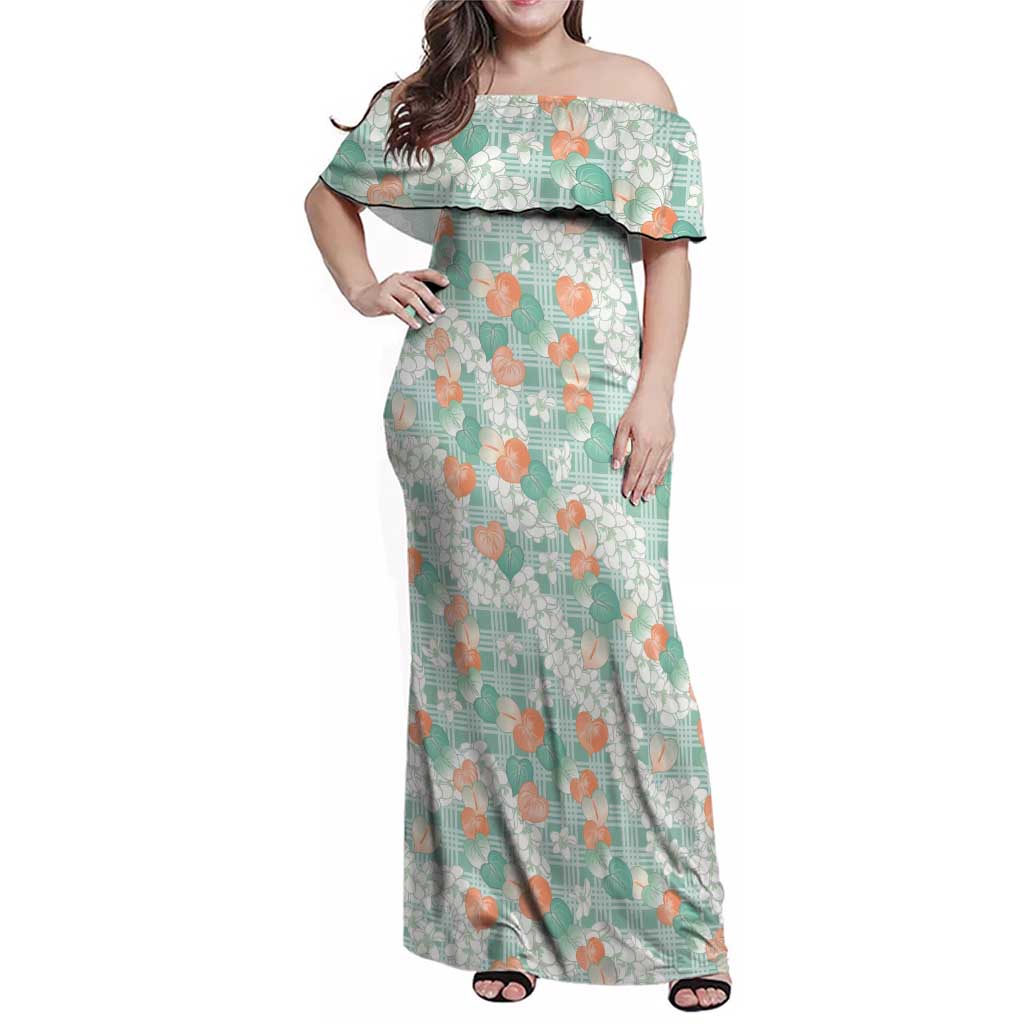 Anthurium Plumeria Lei Pastel Family Matching Off Shoulder Maxi Dress and Hawaiian Shirt Teal Hawaiian Splendid Palaka