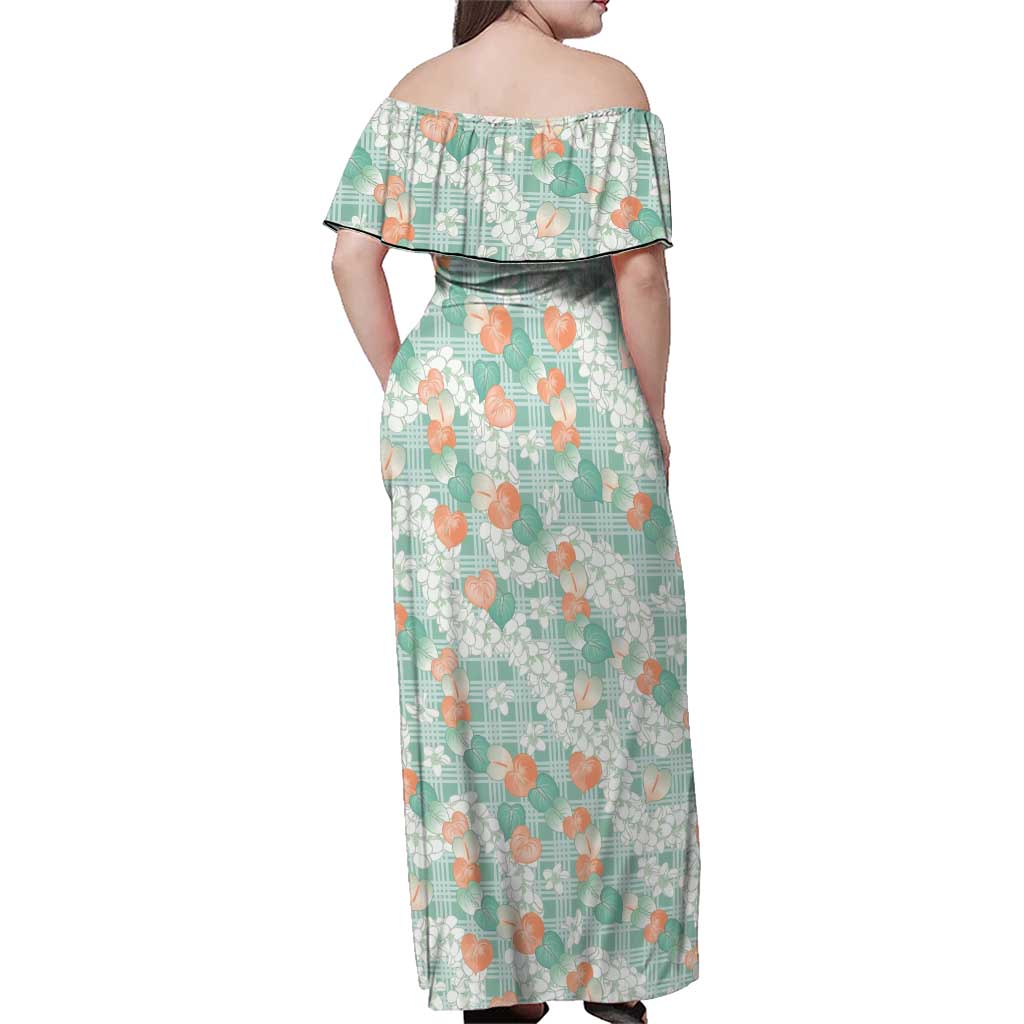 Anthurium Plumeria Lei Pastel Family Matching Off Shoulder Maxi Dress and Hawaiian Shirt Teal Hawaiian Splendid Palaka