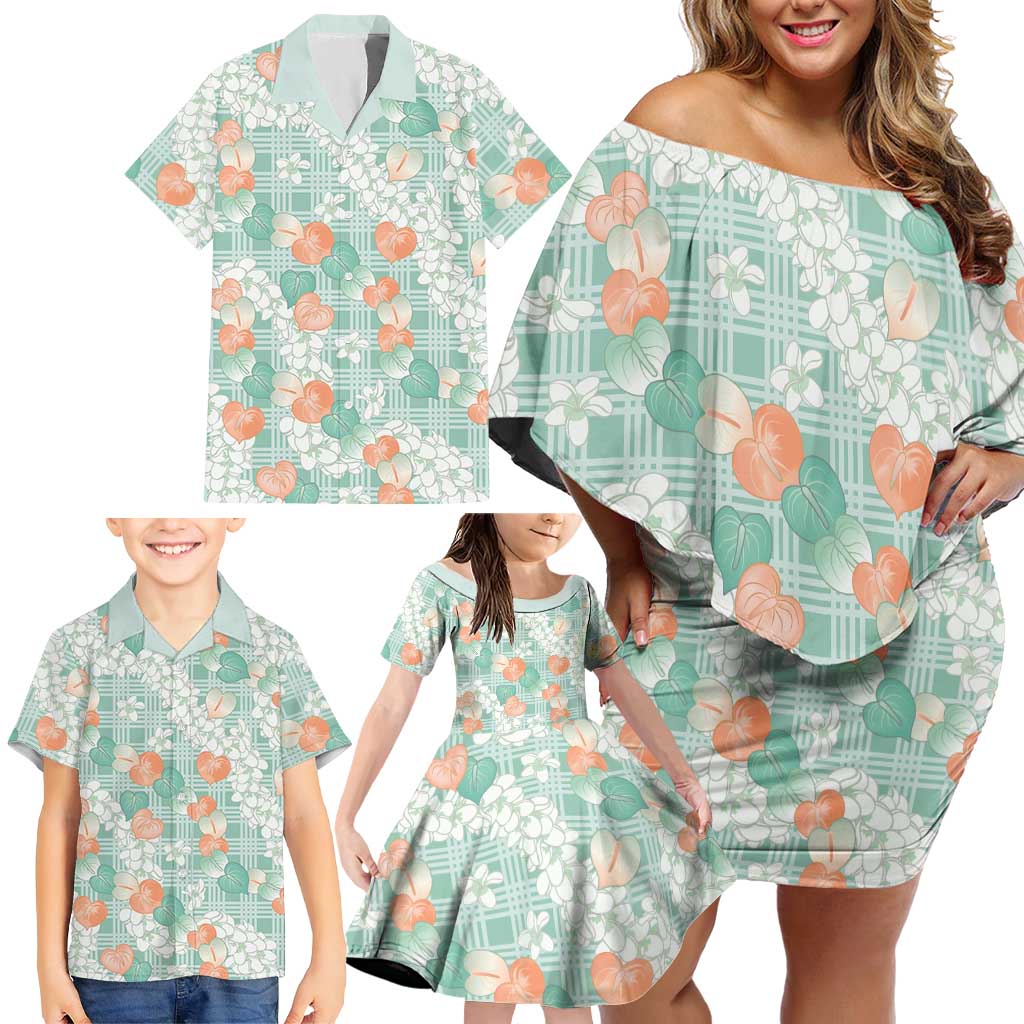 Anthurium Plumeria Lei Pastel Family Matching Off Shoulder Short Dress and Hawaiian Shirt Teal Hawaiian Splendid Palaka