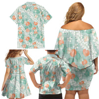 Anthurium Plumeria Lei Pastel Family Matching Off Shoulder Short Dress and Hawaiian Shirt Teal Hawaiian Splendid Palaka