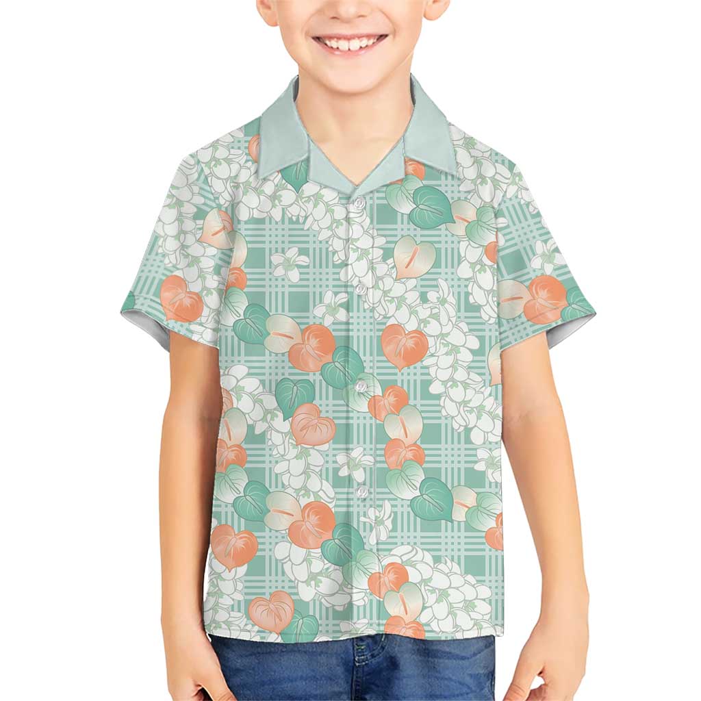 Anthurium Plumeria Lei Pastel Family Matching Off Shoulder Short Dress and Hawaiian Shirt Teal Hawaiian Splendid Palaka