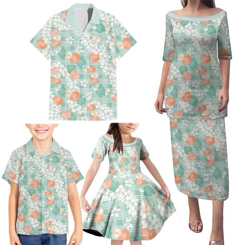 Anthurium Plumeria Lei Pastel Family Matching Puletasi and Hawaiian Shirt Teal Hawaiian Splendid Palaka