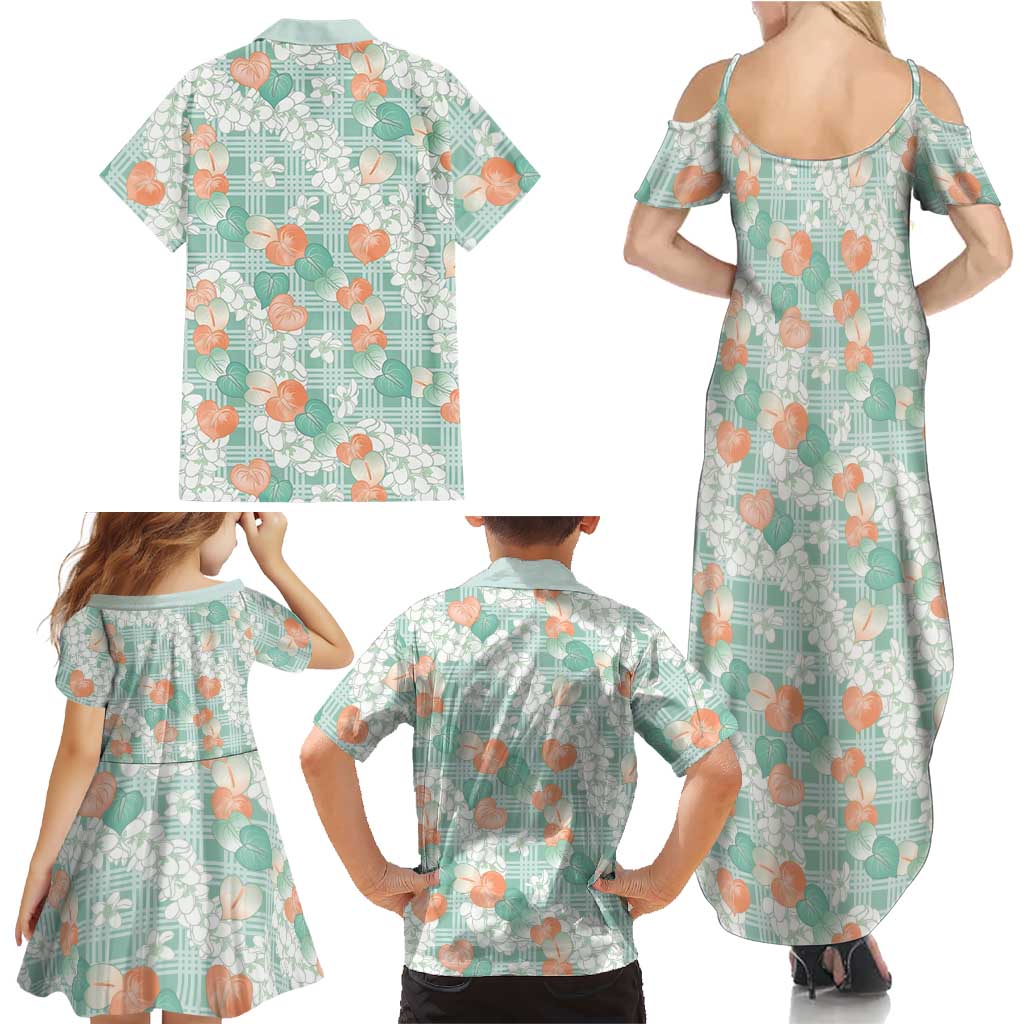 Anthurium Plumeria Lei Pastel Family Matching Summer Maxi Dress and Hawaiian Shirt Teal Hawaiian Splendid Palaka