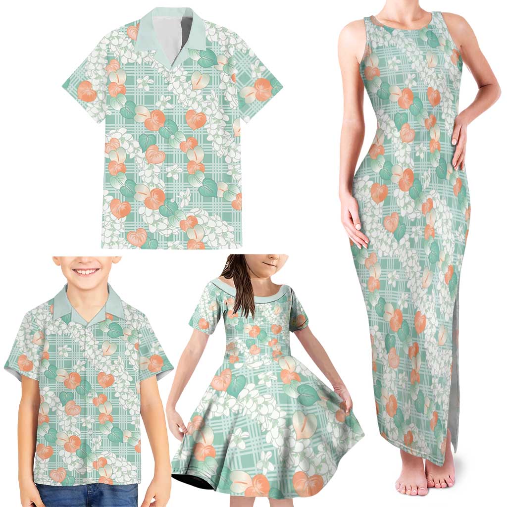 Anthurium Plumeria Lei Pastel Family Matching Tank Maxi Dress and Hawaiian Shirt Teal Hawaiian Splendid Palaka