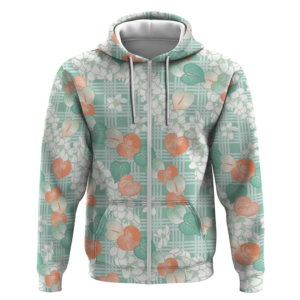 Anthurium Plumeria Lei Pastel Hoodie Teal Hawaiian Splendid Palaka LT01 Zip Hoodie Teal - Polynesian Pride