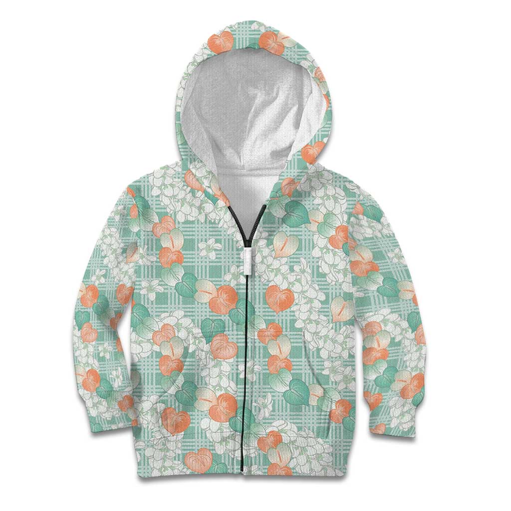 Anthurium Plumeria Lei Pastel Kid Hoodie Teal Hawaiian Splendid Palaka LT01 Zip Hoodie Teal - Polynesian Pride