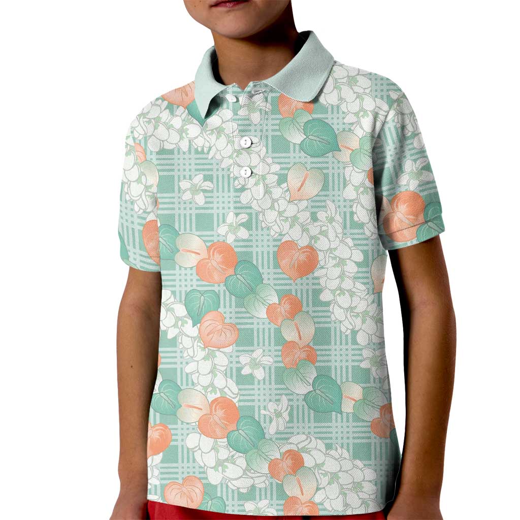Anthurium Plumeria Lei Pastel Kid Polo Shirt Teal Hawaiian Splendid Palaka LT01 Kid Teal - Polynesian Pride