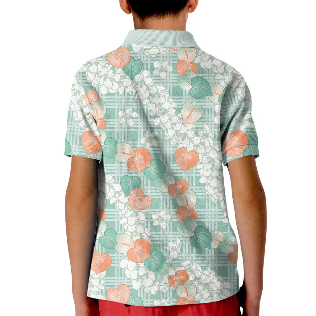 Anthurium Plumeria Lei Pastel Kid Polo Shirt Teal Hawaiian Splendid Palaka LT01 - Polynesian Pride