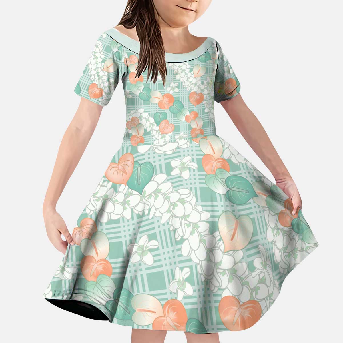 Anthurium Plumeria Lei Pastel Kid Short Sleeve Dress Teal Hawaiian Splendid Palaka